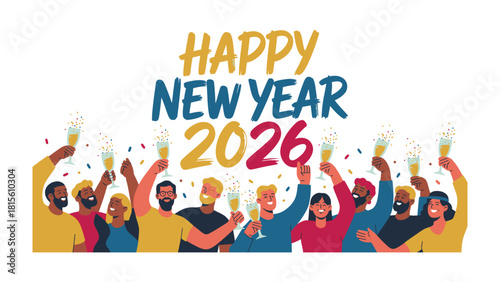 New Year's toast: a colorful illustration depicts a joyous gathering of individuals raising glasses in celebration of the new year, embracing diversity and unity. 