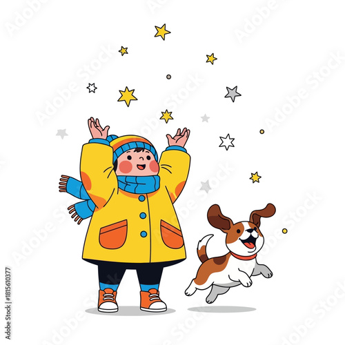 Festive winter joy child and dog sharing magical moments amid falling stars illustration