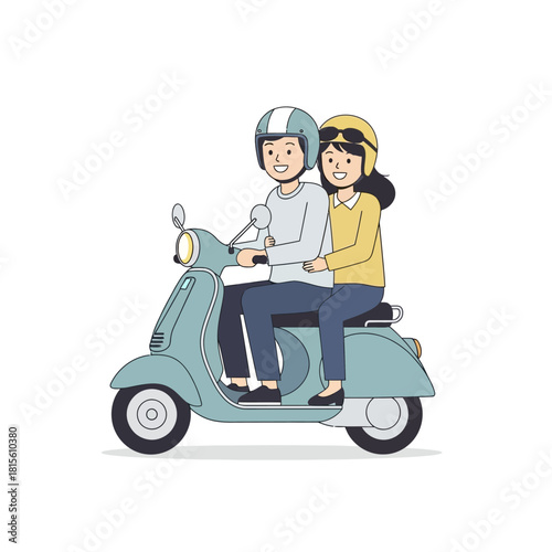 Joyful couple riding a light blue scooter, enjoying a sunny day together, simple lifestyle