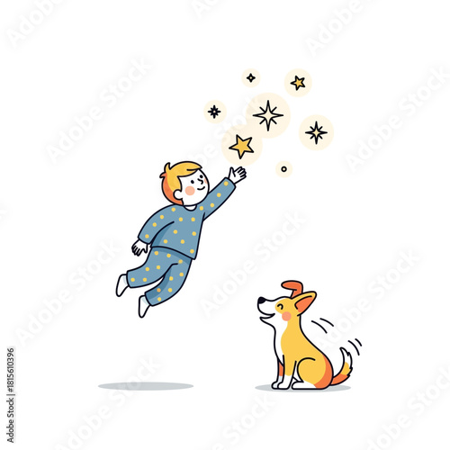 Whimsical Dreamscape: Child reaching for stars with loyal canine companion illustration