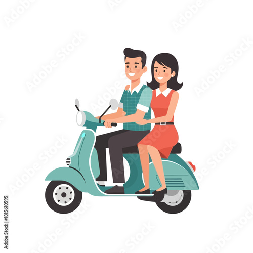 Cheerful couple riding scooter: Exploring urban scenes and enjoying carefree moments