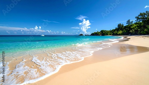 Fototapeta Naklejka Na Ścianę i Meble -  Turquoise ocean gently laps golden sand, meeting a vibrant blue sky with fluffy clouds and lush green vegetation. A distant boat is seen