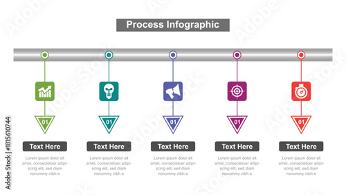 Five Step Process Infographic with Icons, Numbered Triangles, and Text Boxes for Presentations