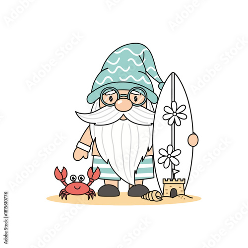 Whimsical beach gnome enjoying summer vacation with a surfboard and a friendly crab companion