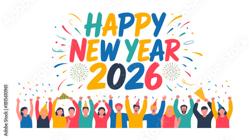 A Cheerful New Year's Celebration: A vibrant, multi-ethnic gathering welcomes the upcoming year with spirited revelry, raising hands high amidst colorful confetti.