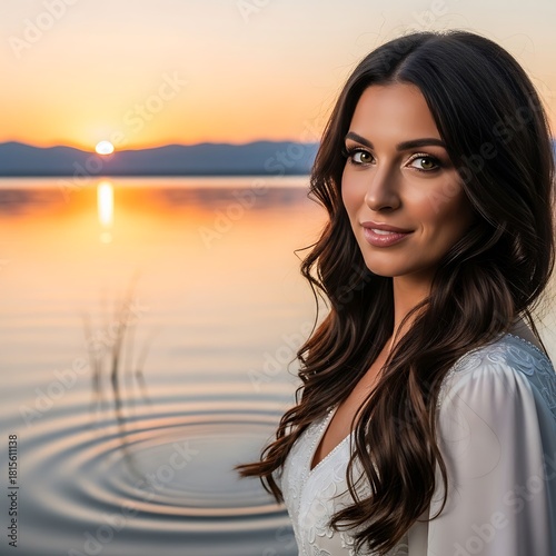 Serene Woman by Lake at Sunset - A Portrait of Tranquility and Beauty.
