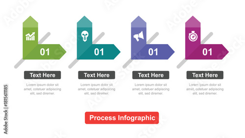 Four Steps Process Infographic with Icons, Numbered Arrows, and Text Boxes for Presentations