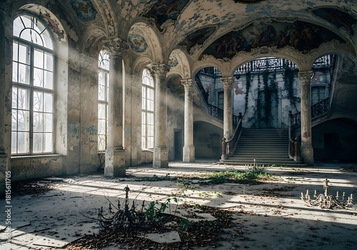 Abandoned Grandeur - Light Streams Through a Decaying Hall.