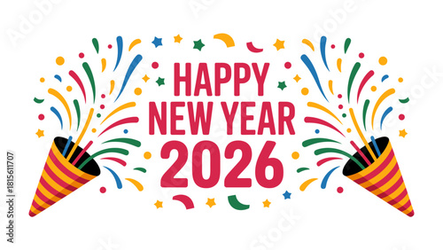 Celebration 2026: An illustration showcases a lively Happy New Year 2026 banner with celebratory elements, with confetti bursting forth in a vibrant display.