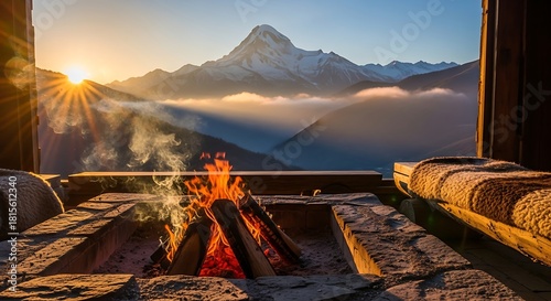 Cozy Fireplace View of Majestic Mountain at Sunrise.