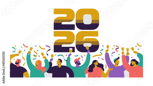 Anticipation for 2026: An illustration of a lively gathering, celebrating the upcoming year with jubilant gestures and flying confetti, symbolizing hope and excitement for the future.