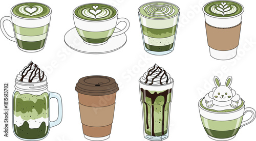 Set of Eight Matcha Green Tea Latte Vector Illustrations with Art, Whipped Cream, and Bunny Topping