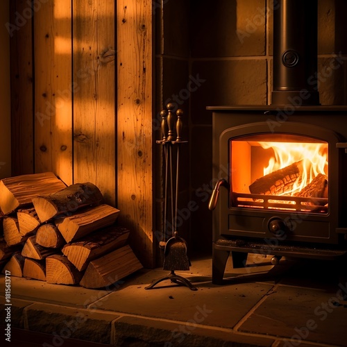 Cozy Fireplace Scene with Wood and Tools.