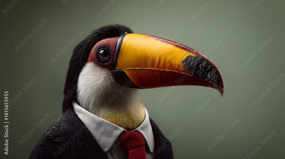 Fototapeta premium Portrait of a tropical bird species wearing formal business attire against a muted background