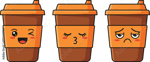 Set of Three Kawaii Takeaway Coffee Cups Vector Illustration Showing Different Emotions