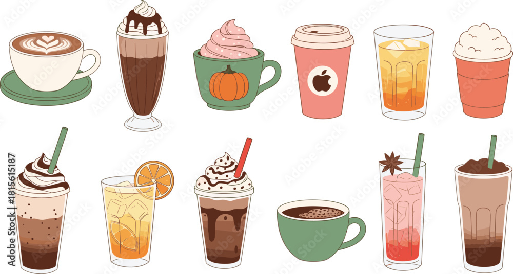 Obraz premium Set of Twelve Fall and Seasonal Coffee and Drink Vector Illustrations Hand Drawn Style Beverages