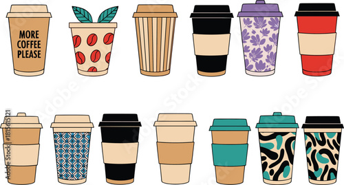 Set of Twelve Diverse Takeaway Coffee Cups Vector Illustration with Different Colors and Patterns