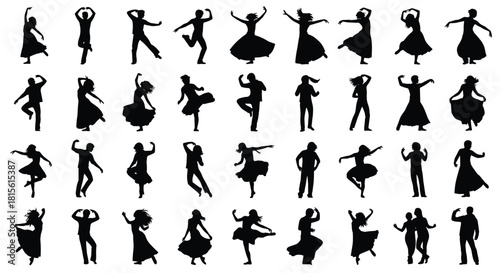 Silhouettes of diverse men and women dancing, depicting passion, grace, choreography, performance, freedom, rhythm, music, and celebration in various energetic and elegant poses.