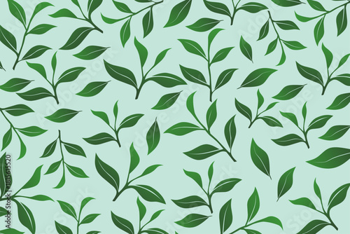 Soft light-green tea leaf seamless pattern. Perfect for packaging, organic product branding, wallpaper, textile prints, and botanical-themed decoration.