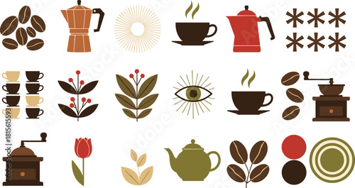 Set of Twenty Modern Abstract Coffee and Botanical Vector Icons Flat Design Scandinavian Style