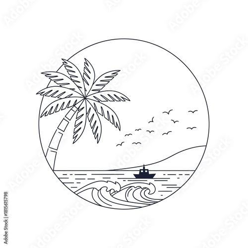 Serene seascape illustration with palm tree, gentle waves, and distant sailing vessel minimalist