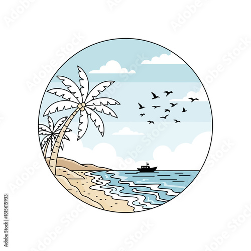Tropical beach tranquility vector illustration featuring palm trees and ocean view for vacation