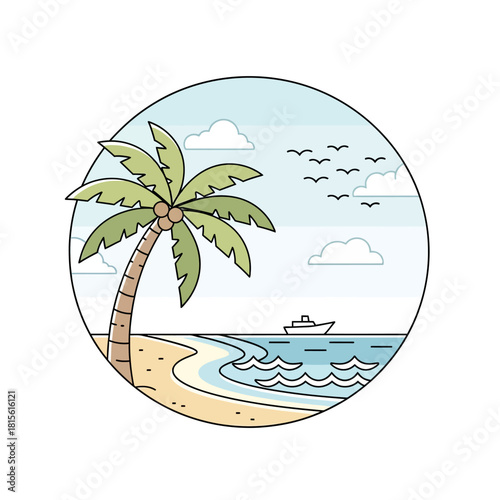 Stylized coastal scene with palm tree, ocean waves, vessel and birds minimal artwork