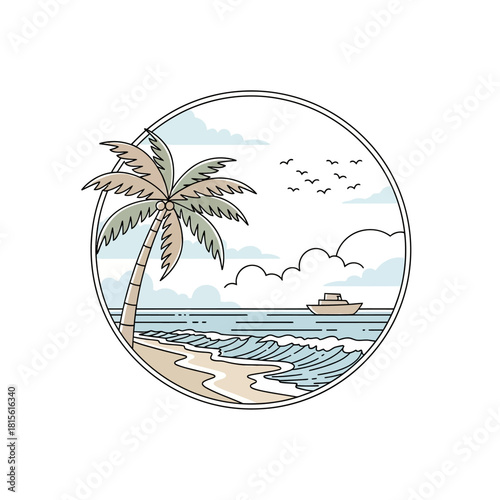 Tranquil tropical beachscape illustration with a solitary palm tree and distant vessel