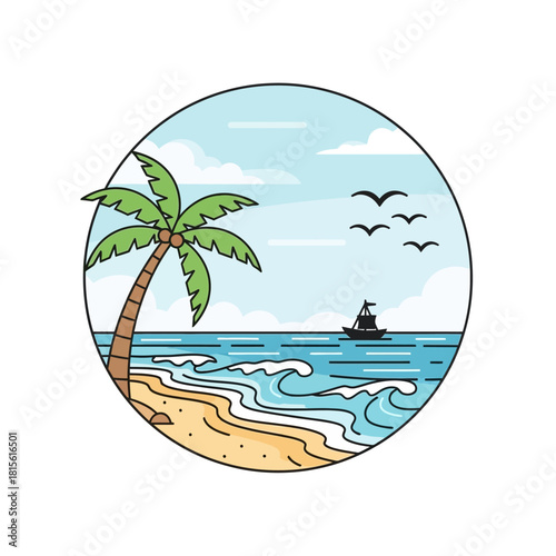 Tranquil Seascape: A serene tropical beach scene with a palm tree and sailboat depicted in a