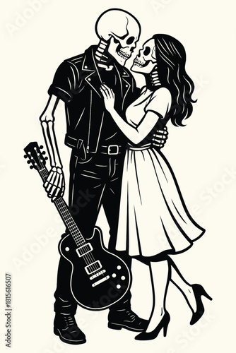 Skeleton Rocker Couple Embracing with Electric Guitar Vector Illustration