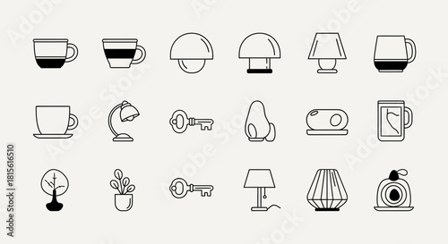 Trendy line art icon set for interior design projects and branding, featuring lamps, keys, plants, coffee mugs, and unique home decor, originally a vector graphic