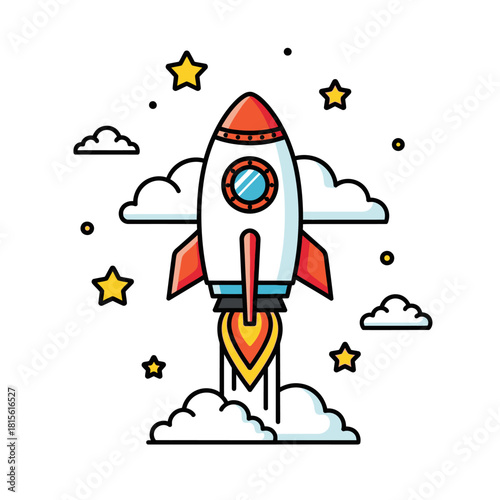 Whimsical rocket launch illustration against a clean white backdrop for children