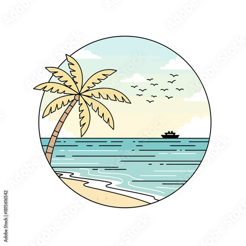 Serene seascape in circular frame featuring palm tree ship and flying birds vector illustration