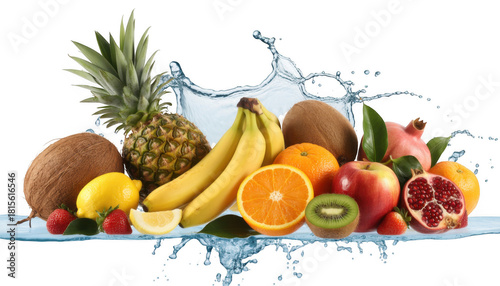 Assorted fresh fruits with water splash isolated on a transparent background
