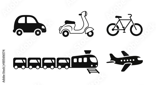 Transportation icons showcase a travel adventure, featuring a car, scooter, bicycle, train, and airplane, perfect for infographic or creative project