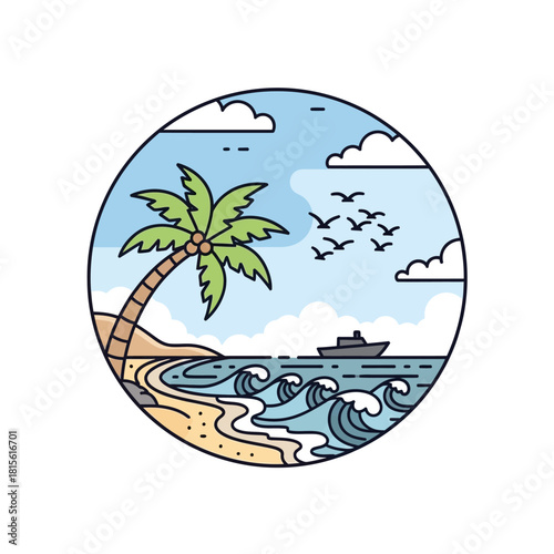 Seaside bliss: A serene vector illustration of a tropical beach escape with a palm tree and ocean
