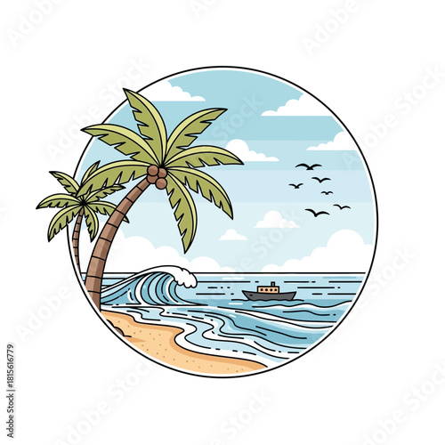 Tropical paradise illustration with coconut palms, ocean waves and boat in a circular frame