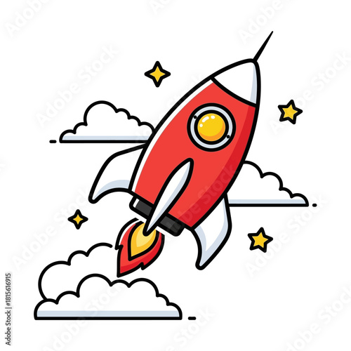 Stylized cartoon rocket launch with clouds and starbursts creates imaginative cosmic concept