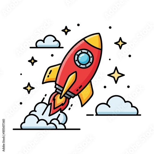 Whimsical space mission initiation with a vibrant rocket and cosmic decorations