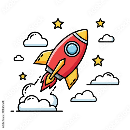 Whimsical rocket launch illustration with vibrant colors and playful design elements to create