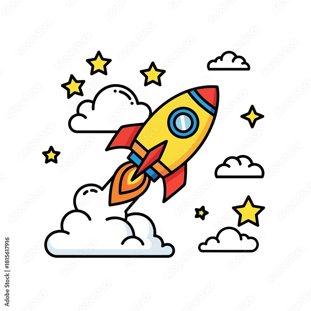 Naklejka premium Cartoon rocket soaring through a whimsical sky, amidst fluffy clouds and twinkling stars