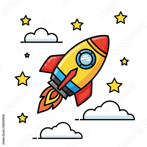 Whimsical journey into space a cartoon rocket soaring amongst stars and fluffy clouds