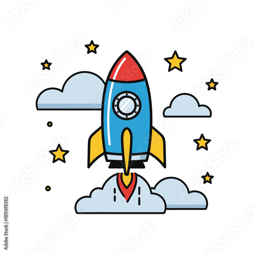Whimsical rocket ship soaring through clouds and stars, vector illustration, children's design