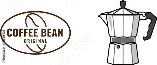 Coffee Bean Original Logo with Outline and Classic Italian Moka Pot Vector Illustration