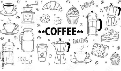 Coffee and Desserts Vector Doodle Set Outline Illustration Elements for Cafe Menu or Design