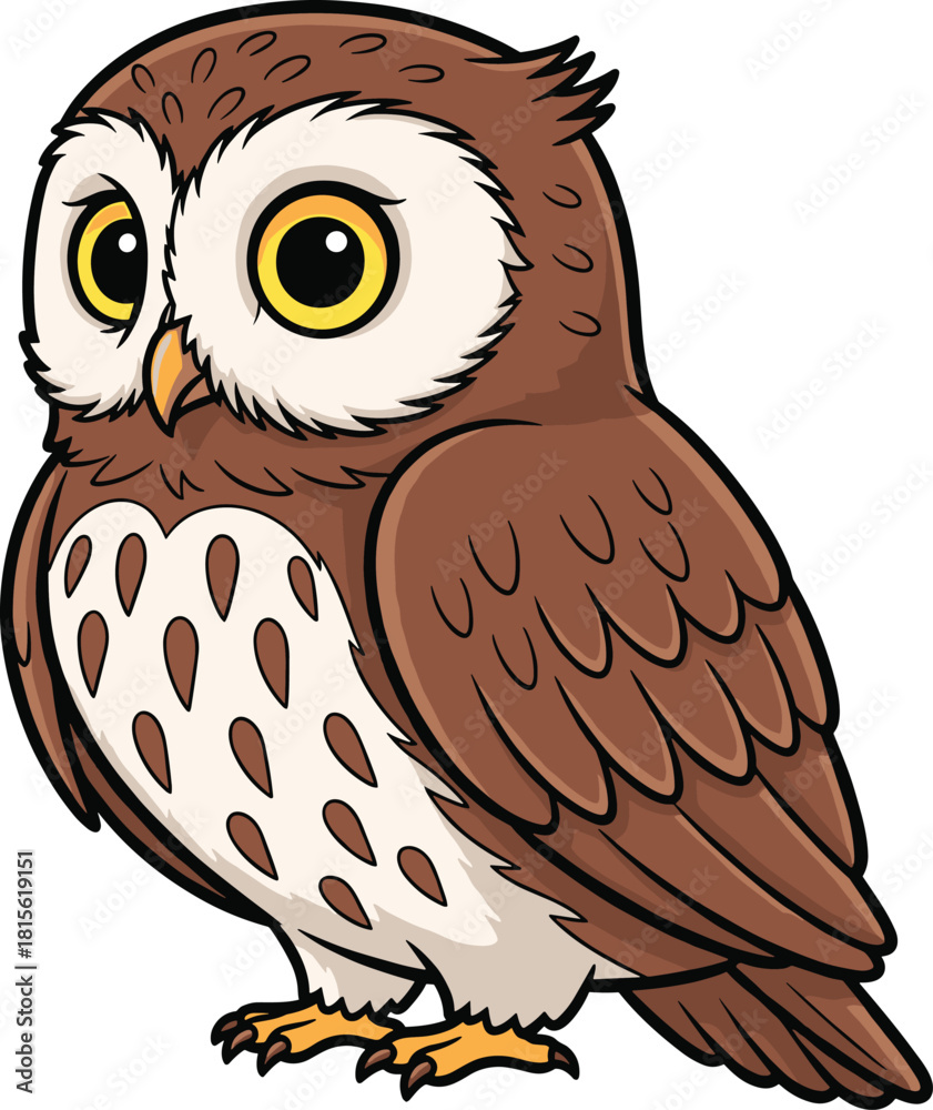 Obraz premium Cute Cartoon Owl Vector Illustration with Big Yellow Eyes and Brown Feathers Mascot