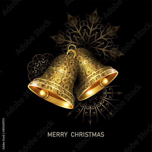 Merry Christmas 2026. Gold textured bells with exquisite snowflakes.