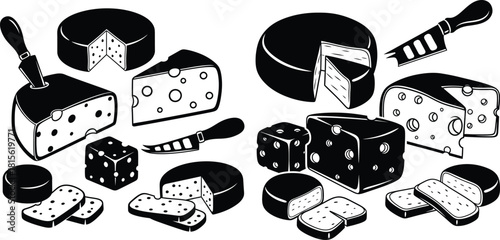 Assortment of various cheese types including wedges, wheels, and cubes, with specialized cutting knives