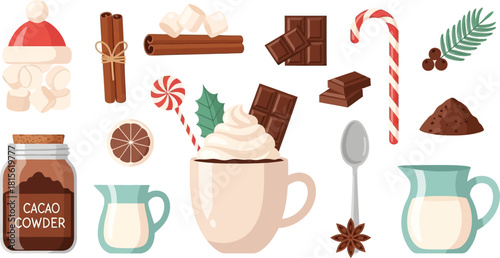 Delicious Hot Chocolate Ingredients and Festive Toppings Collection.