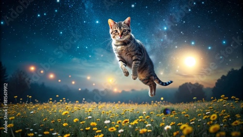 A Tabby Cat Soars Through a Night Sky Above a Field of Yellow Flowers Under a Starlit Heaven